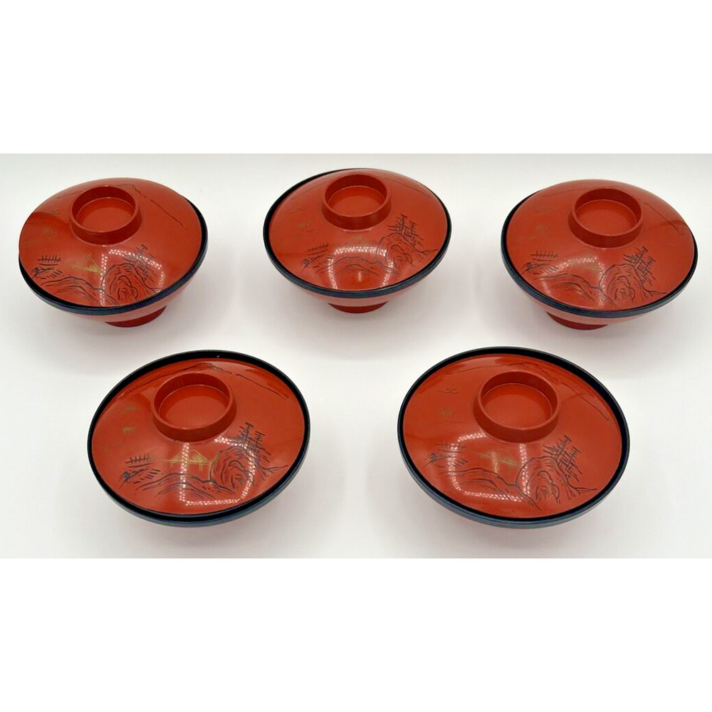 Set of‎ 5 Vintage Japanese Rice Bowls Orange Hand-Painted Design SKU U133